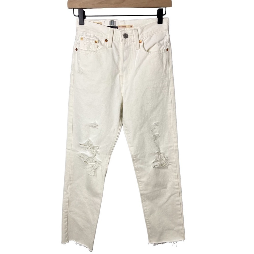 Levi’s Wedgie Straight Jeans Cloud Bank Size 24 Ankle Raw Hem High Waist - Picture 3 of 8